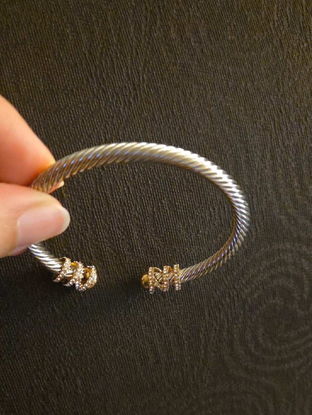 Gold Tone and Silver Tone Cable Cuff Bangle Rope Bracelet Pave Crystal Accents - Picture 7 of 8